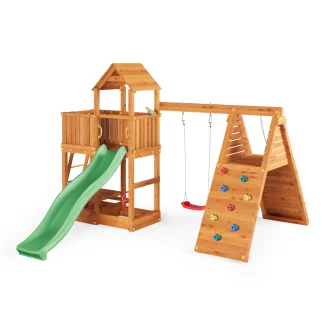 Aire de jeux Fungoo FLUPPI avec bac à sable, structure d'escalade, table de pique-nique, balançoire et toboggan