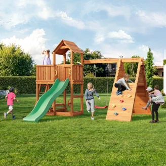 Aire de jeux Fungoo FLUPPI avec bac à sable, structure d'escalade, table de pique-nique, balançoire et toboggan