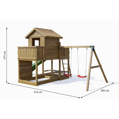 Maisonnette en bois Fungoo Mars avec toboggan, balançoire, table de pique-nique et structure d'escalade