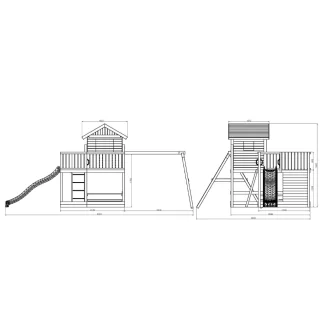 Maisonnette en bois Fungoo Pluto avec toboggan, deux balançoires, table de pique-nique, structure d'escalade et bac à sable