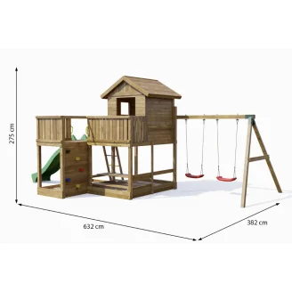Maisonnette en bois Fungoo Pluto avec toboggan, deux balançoires, table de pique-nique, structure d'escalade et bac à sable