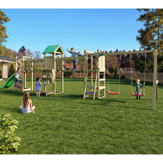 Parc de jeux en bois Fungoo Space Longer avec toboggan, deux balançoires, pont et maisonnette pour enfants