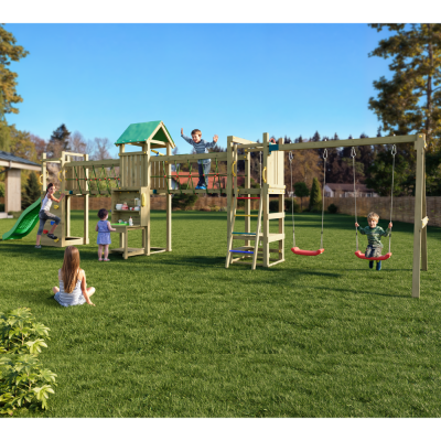 Parc de jeux en bois Fungoo Space Longer avec toboggan, deux balançoires, pont et maisonnette pour enfants
