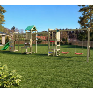 Parc de jeux en bois Fungoo Space Longer avec toboggan, deux balançoires, pont et maisonnette pour enfants
