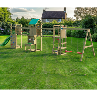Parc de jeux en bois Fungoo Space Longer avec toboggan, deux balançoires, pont et maisonnette pour enfants