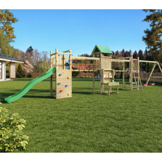 Parc de jeux en bois Fungoo Space Longer avec toboggan, deux balançoires, pont et maisonnette pour enfants