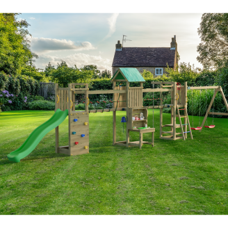 Parc de jeux en bois Fungoo Space Longer avec toboggan, deux balançoires, pont et maisonnette pour enfants
