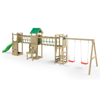 Parc de jeux en bois Fungoo Space Longer avec toboggan, deux balançoires, pont et maisonnette pour enfants