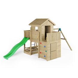 Maisonnette de jeu en bois Fungoo Multifort avec toboggan, deux balançoires et mur d'escalade