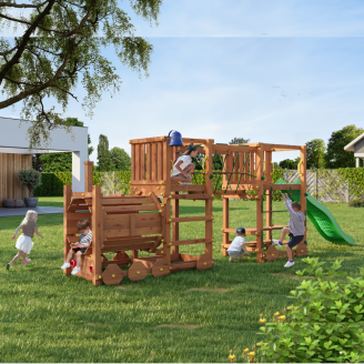 Parc de jeux en bois Fungoo Loco Express couleur teck avec toboggan, pont et petit train pour enfants.