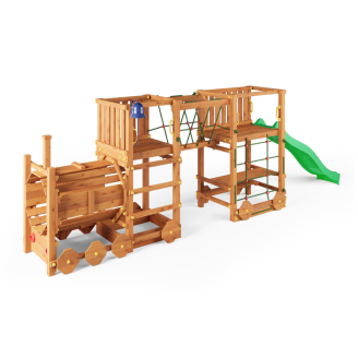Parc de jeux en bois Fungoo Loco Express couleur teck avec toboggan, pont et petit train pour enfants.
