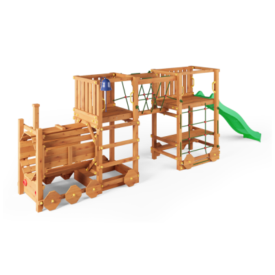 Parc de jeux en bois Fungoo Loco Express couleur teck avec toboggan, pont et petit train pour enfants.