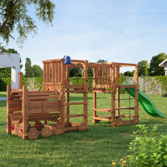 Parc de jeux en bois Fungoo Loco Express couleur teck avec toboggan, pont et petit train pour enfants.