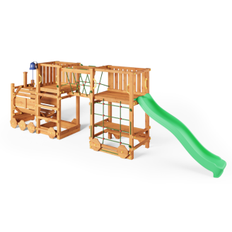 Parc de jeux en bois Fungoo Loco Express couleur teck avec toboggan, pont et petit train pour enfants.