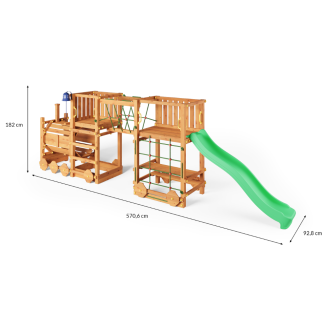 Parc de jeux en bois Fungoo Loco Express couleur teck avec toboggan, pont et petit train pour enfants.