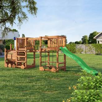 Parc de jeux en bois Fungoo Loco Express couleur teck avec toboggan, pont et petit train pour enfants.