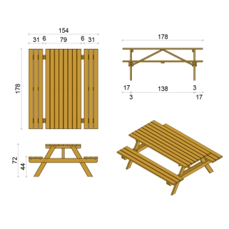 Happytime 35mm Banc en bois Table de pique-nique Ensemble de jardin à bière pour jardin et terrasse 180 x 150 x 70 cm