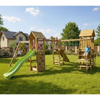 Aire de jeux en bois Fungoo Optimizer avec toboggan, balançoires, structure d'escalade et cuisine pour enfants