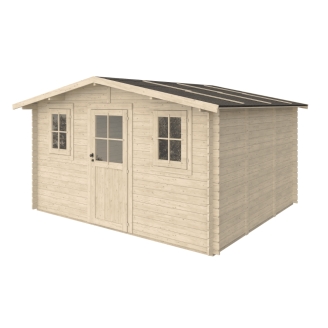 Cabane de jardin en bois Aurora 4x3 m avec double fenêtre et porte vitrée – Structure en madriers de 25 mm d’épaisseur