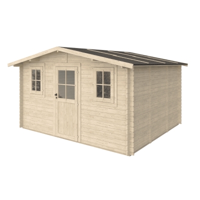 Cabane de jardin en bois Aurora 4x3 m avec double fenêtre et porte vitrée – Structure en madriers de 25 mm d’épaisseur