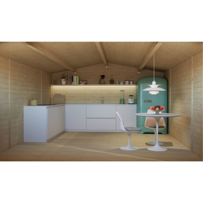 Cabane de jardin Vittoria 4x4 m avec porte vitrée et deux fenêtres – Structure Block House 25 mm