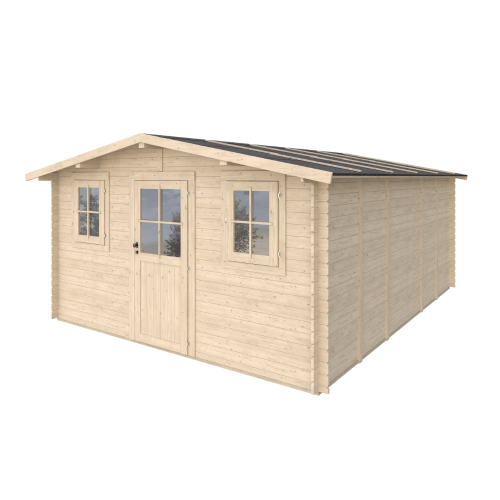 Cabane de jardin Serena 4x5 m avec porte vitrée et deux fenêtres – Structure Block House en sapin naturel 25 mm