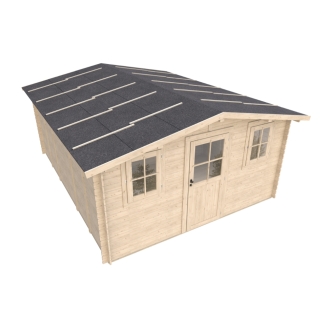 Cabane de jardin Serena 4x5 m avec porte vitrée et deux fenêtres – Structure Block House en sapin naturel 25 mm