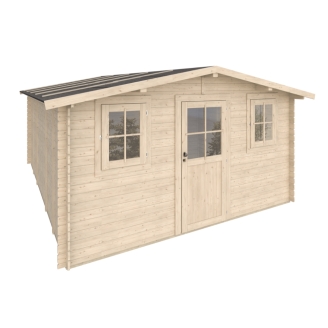 Cabane de jardin Serena 4x5 m avec porte vitrée et deux fenêtres – Structure Block House en sapin naturel 25 mm