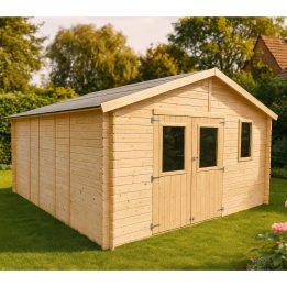 Cabane de jardin Beatrice 4x5 m avec porte vitrée double et fenêtre – Structure Block House en sapin naturel 25 mm
