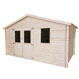 Cabane de jardin Greta 4x4 m avec porte vitrée double et fenêtre – Structure Block House 25 mm
