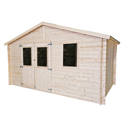 Cabane de jardin Greta 4x4 m avec porte vitrée double et fenêtre – Structure Block House 25 mm