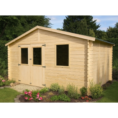 Cabane de jardin Greta 4x4 m avec porte vitrée double et fenêtre – Structure Block House 25 mm