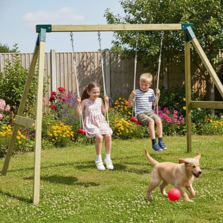 Balançoire en bois imprégné Fly Light – Balançoire double pour enfants, jeu d'extérieur