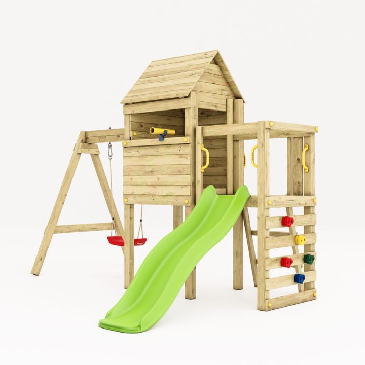 Aire de jeux en bois Fungoo Luomi – Maisonnette, toboggan, balançoire et escalade pour enfants