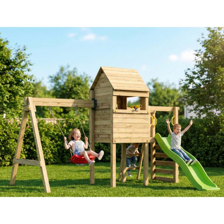 Aire de jeux en bois Fungoo Luomi – Maisonnette, toboggan, balançoire et escalade pour enfants