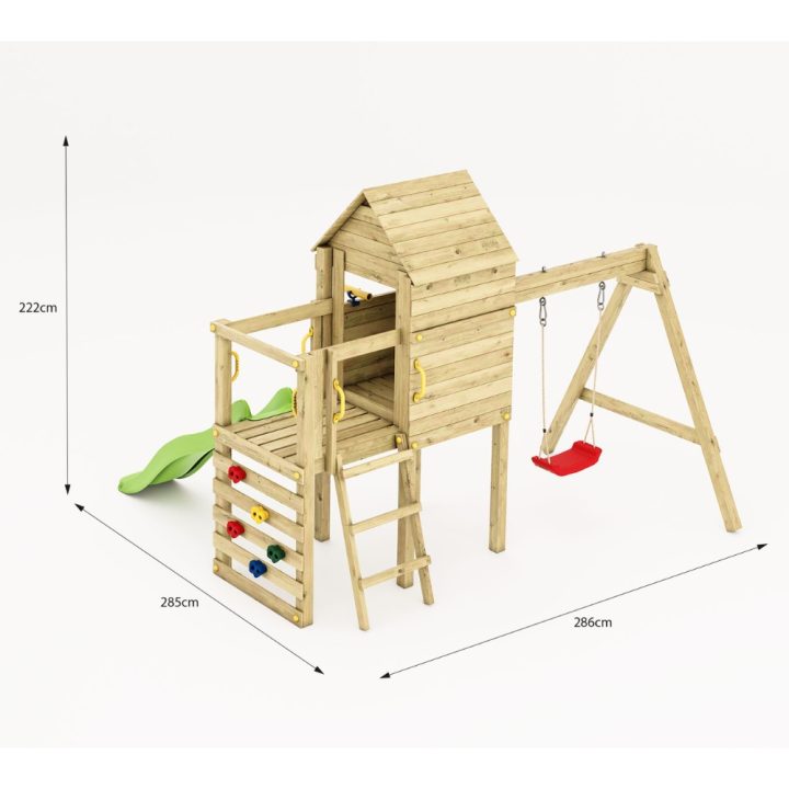 Aire de jeux en bois Fungoo Luomi – Maisonnette, toboggan, balançoire et escalade pour enfants