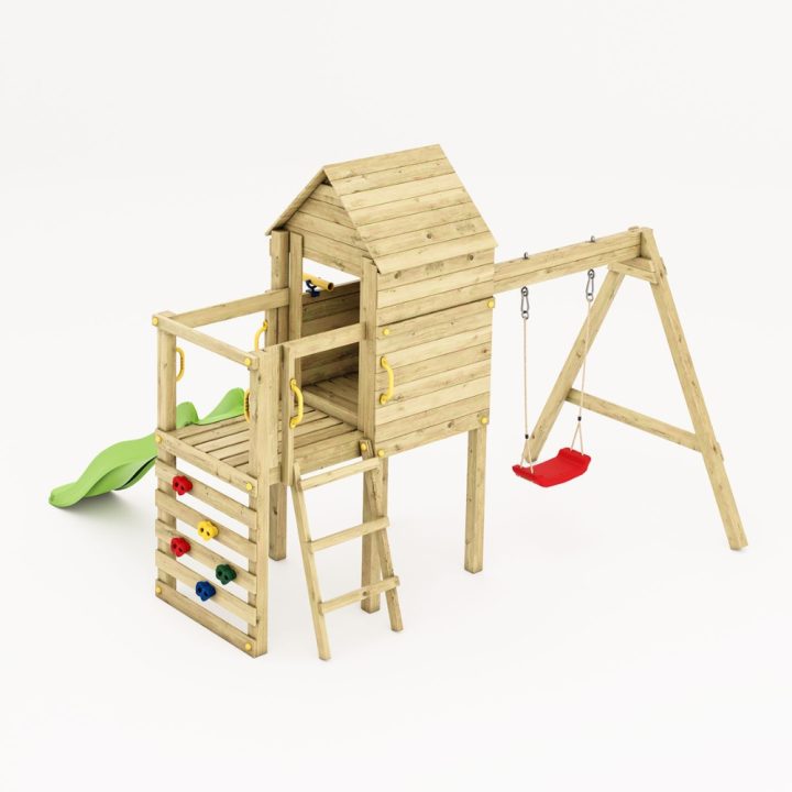 Aire de jeux en bois Fungoo Luomi – Maisonnette, toboggan, balançoire et escalade pour enfants