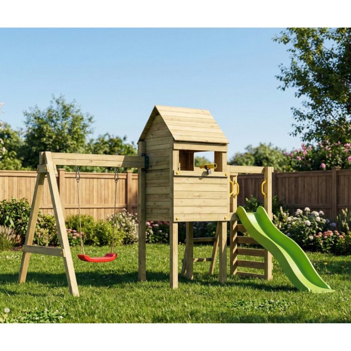 Aire de jeux en bois Fungoo Luomi – Maisonnette, toboggan, balançoire et escalade pour enfants