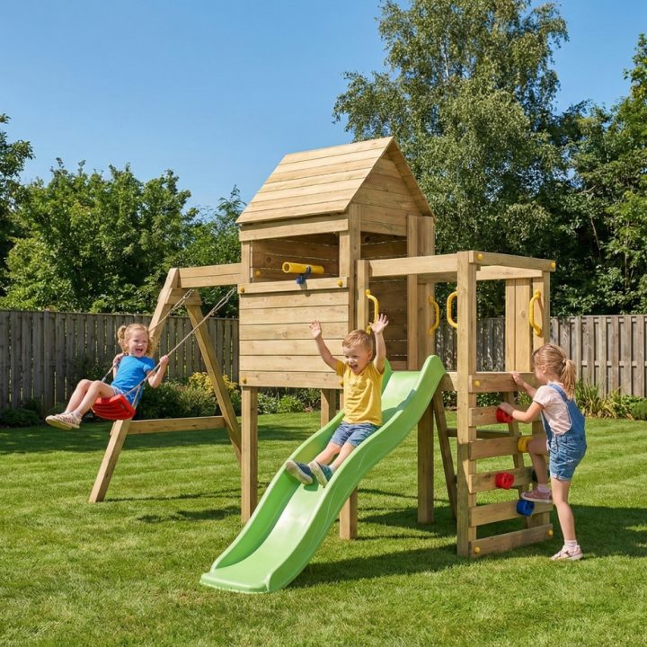 Aire de jeux en bois Fungoo Luomi – Maisonnette, toboggan, balançoire et escalade pour enfants