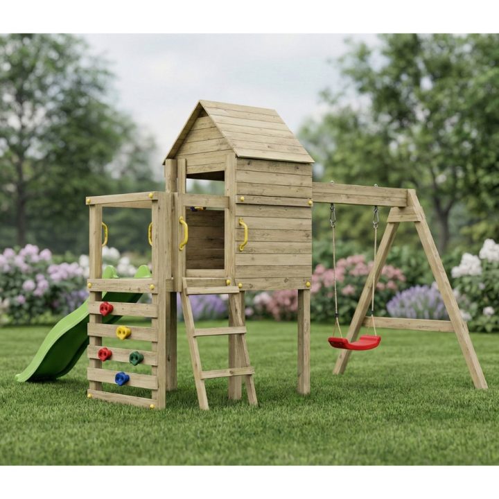 Aire de jeux en bois Fungoo Luomi – Maisonnette, toboggan, balançoire et escalade pour enfants