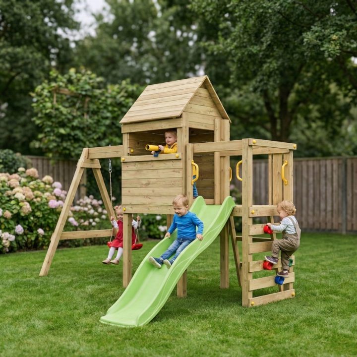 Aire de jeux en bois Fungoo Luomi – Maisonnette, toboggan, balançoire et escalade pour enfants