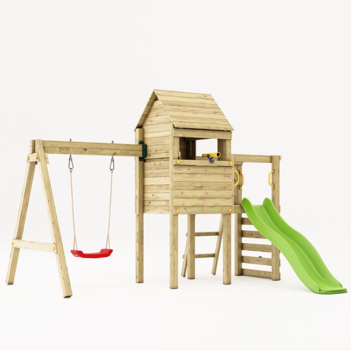 Aire de jeux en bois Fungoo Luomi – Maisonnette, toboggan, balançoire et escalade pour enfants