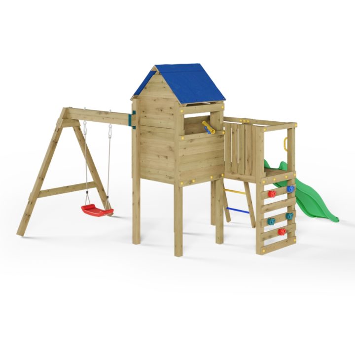 Aire de jeux de jardin en bois avec toboggan, maisonnette et balançoire Fungoo Bibalu