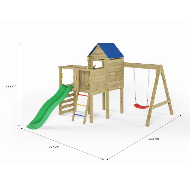 Aire de jeux de jardin en bois avec toboggan, maisonnette et balançoire Fungoo Bibalu
