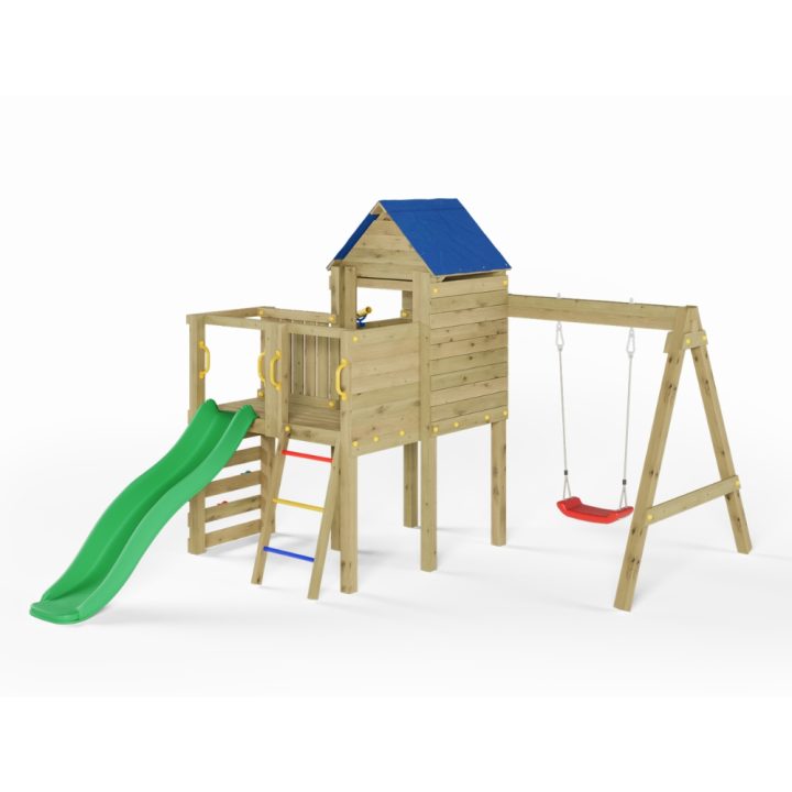 Aire de jeux de jardin en bois avec toboggan, maisonnette et balançoire Fungoo Bibalu