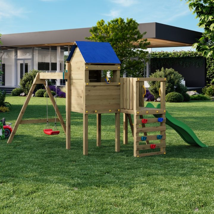 Aire de jeux de jardin en bois avec toboggan, maisonnette et balançoire Fungoo Bibalu