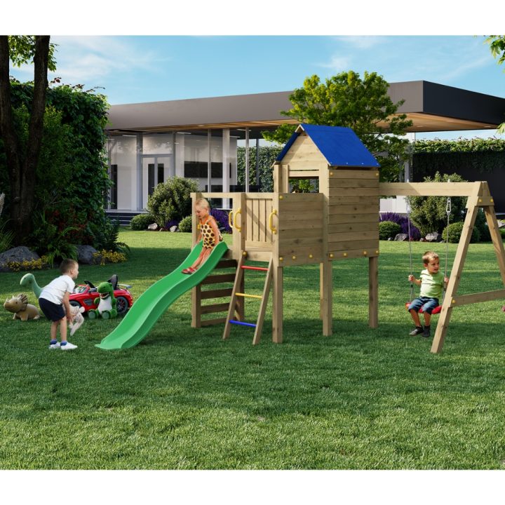 Aire de jeux de jardin en bois avec toboggan, maisonnette et balançoire Fungoo Bibalu