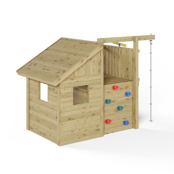 Maisonnette en bois pour enfants Fungoo Tibalu – Jeu de jardin avec toboggan et escalade