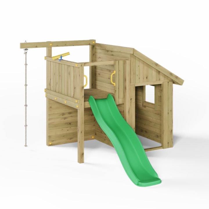 Maisonnette en bois pour enfants Fungoo Tibalu – Jeu de jardin avec toboggan et escalade