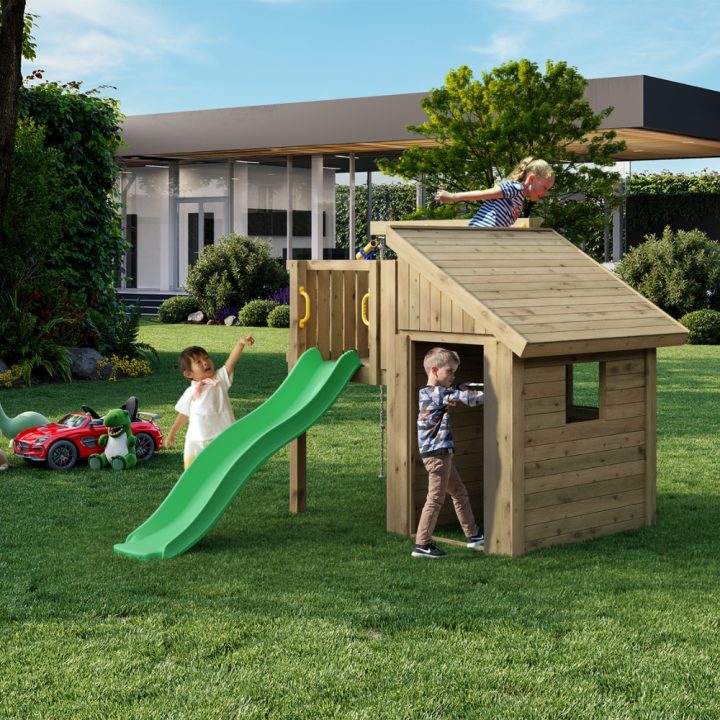 Maisonnette en bois pour enfants Fungoo Tibalu – Jeu de jardin avec toboggan et escalade